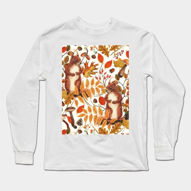 Autumn squirrels and autumnal flora on off white Long Sleeve T-Shirt by katerinamk